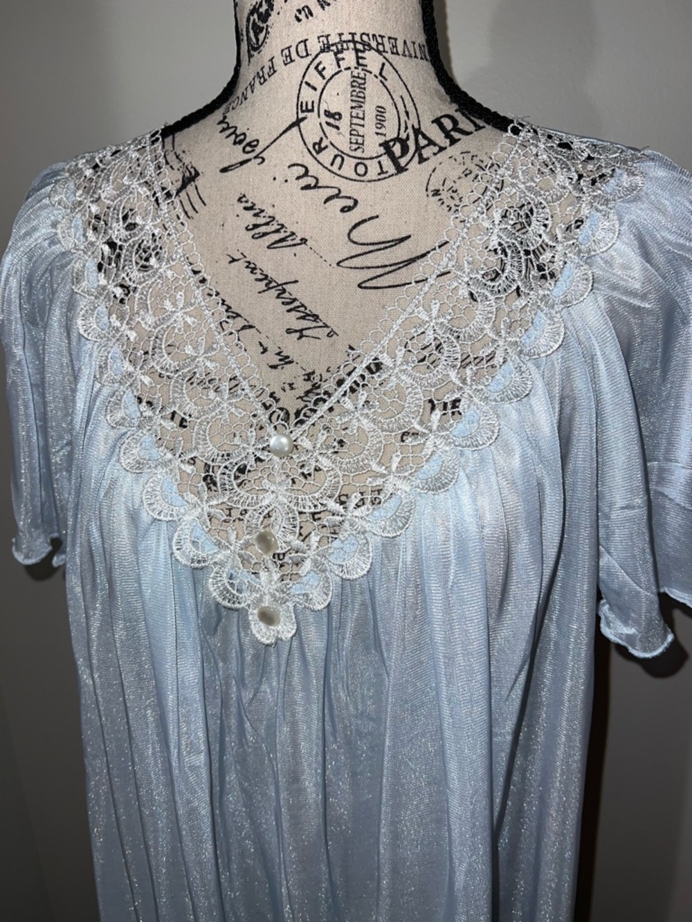 Granada Blue Liquid Satin Maxi Nightgown Lace Pearl Button Detail Medium - Picture 3 of 8